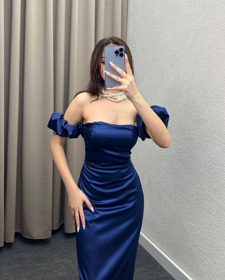 Sexy Sheath Off The Shoulder Royal Blue Long Satin Prom Dresses Party Dress