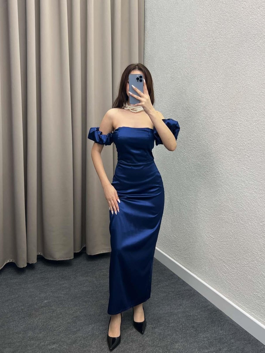 Sexy Sheath Off The Shoulder Royal Blue Long Satin Prom Dresses Party Dress
