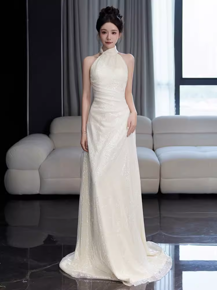 Vintage Mermaid White High Neckline Long Prom Dresses C32