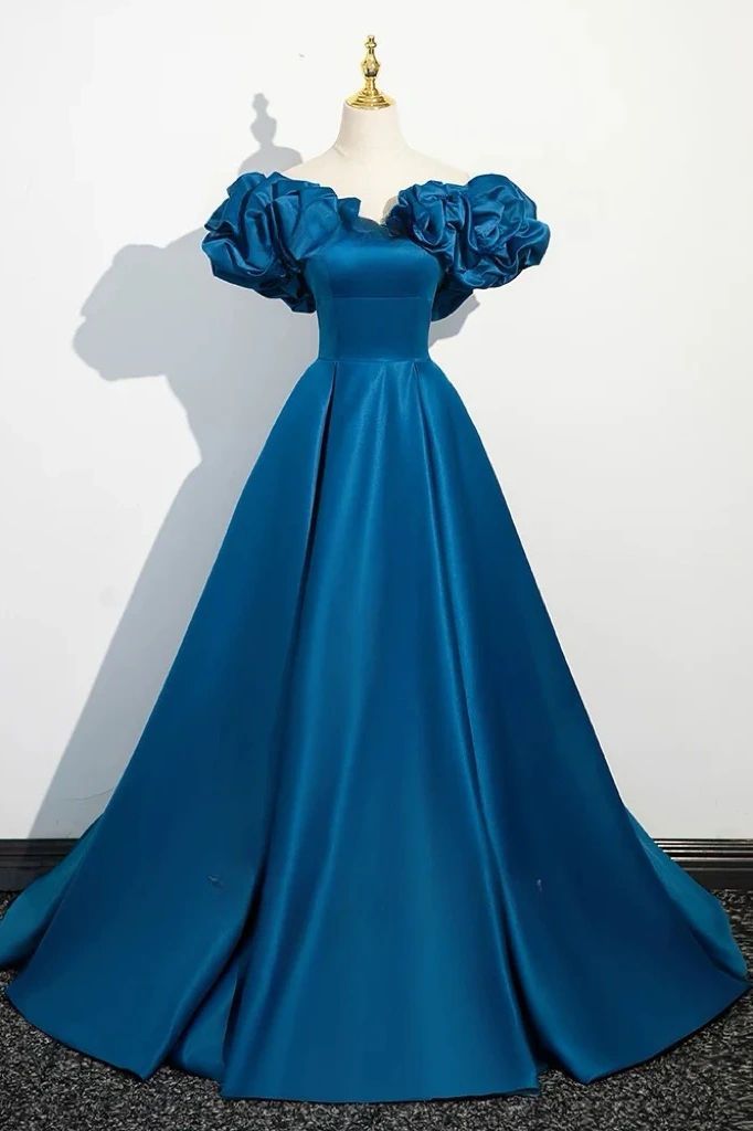 Classy A line Off The Shoulder Blue Satin Long Party Dress Prom Dresses Evening Dress