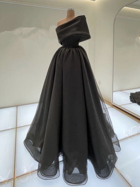 Elegant A line One Shoulder Black Long Prom Dress Evening Dresses With Ruffles