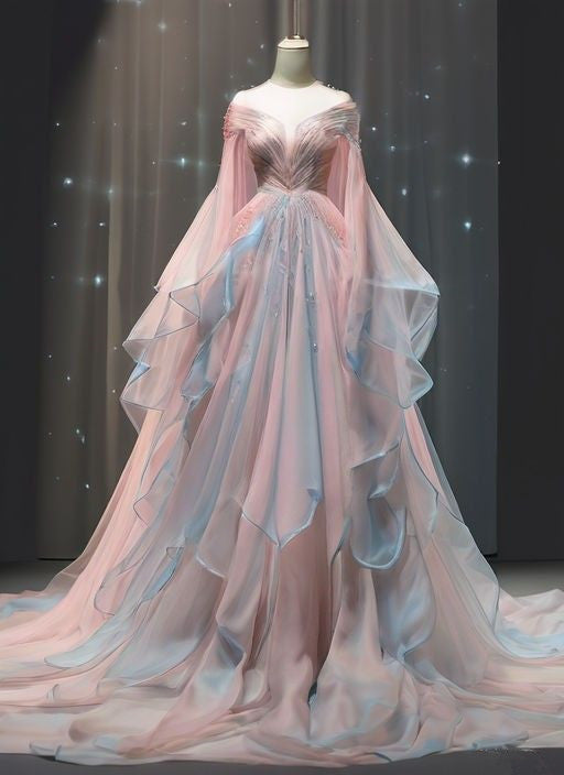 Elegant Ball Gown Off The Shoulder Pink Chiffon Long Prom Dress Evening Dresses