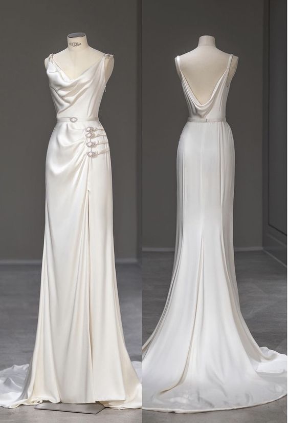 Elegant Mermaid Straps Satin Long White Wedding Dresses