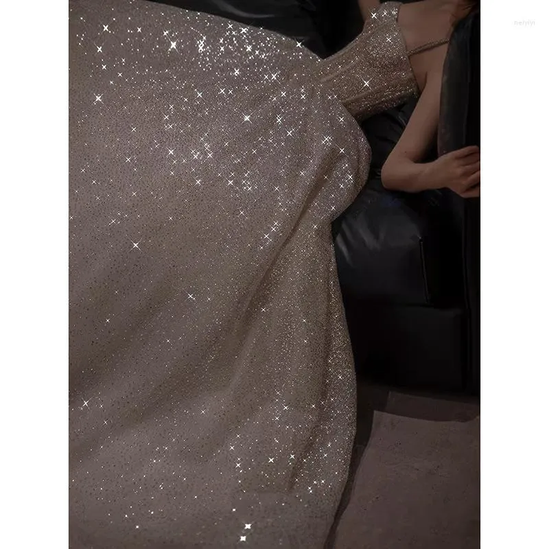 Pretty A Line Spaghetti Straps Silver Sequin Long Prom Dress Evening Dresses