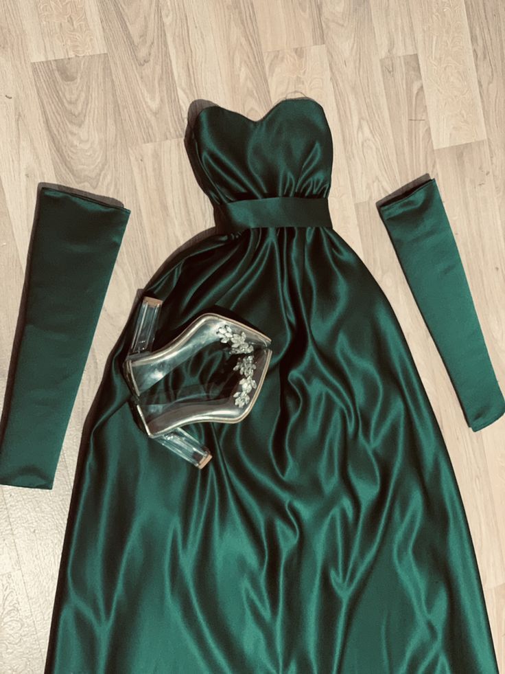 Elegant A Line Sweetheart Dark Green Satin Long Prom Dress Evening Dresses With Sleeves
