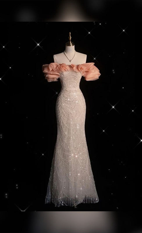 Pretty Mermaid Off The Shoulder Sequin Silver Evening Dress Prom Dresses