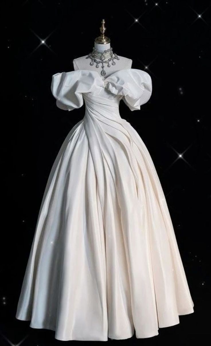 Chic Ball Gown Off The Shoulder Satin Ruffles Long White Wedding Dresses Brides Dress
