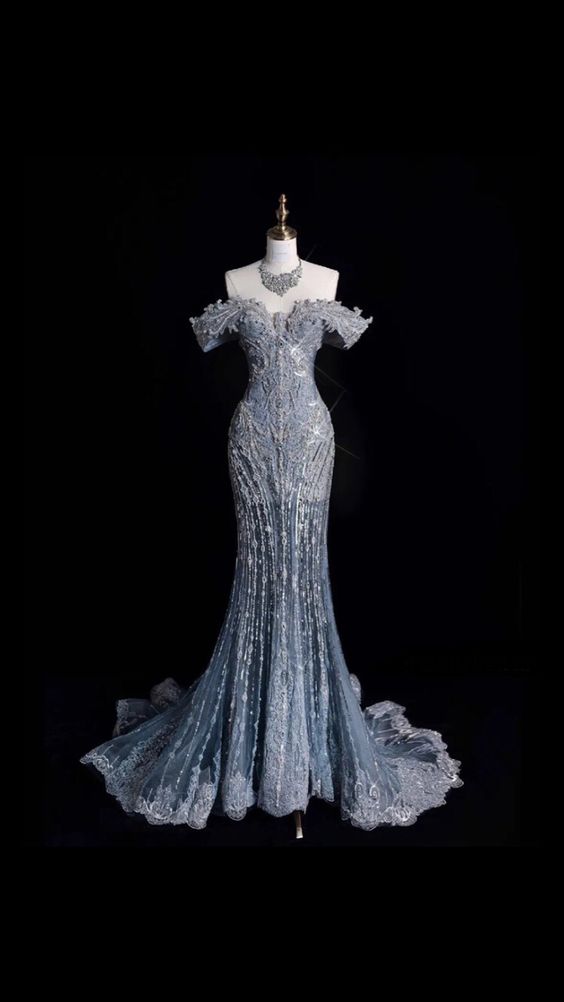 Elegant Mermaid Off The Shoulder Sequin Long Blue Wedding Dresses
