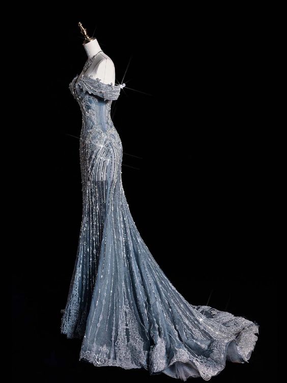 Elegant Mermaid Off The Shoulder Sequin Long Blue Wedding Dresses