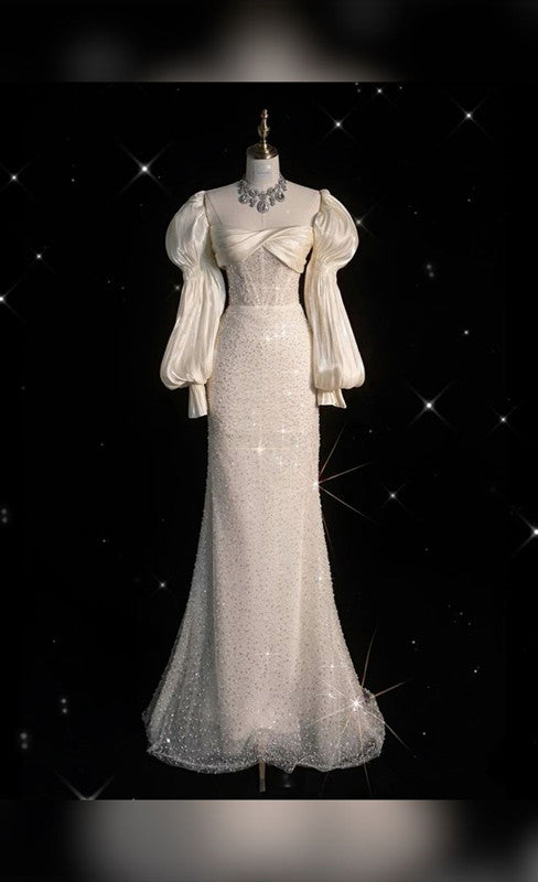 Chic Sheath Strapless White Satin Ruffles Long Sleeves Wedding Dresses Brides Dress