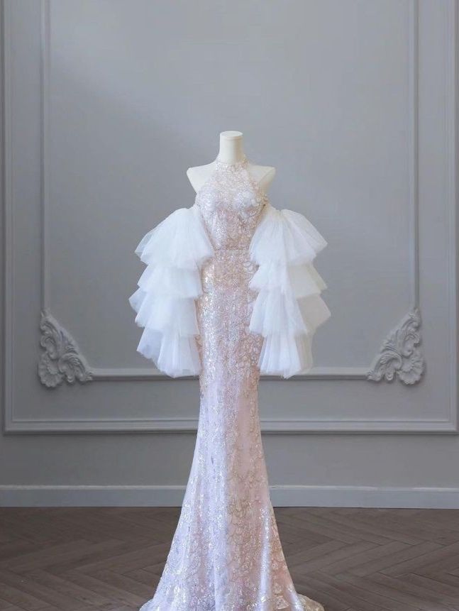 Pretty Sheath High Neckline Pink Sequin Long Tulle Ruffles Layers Evening Dress Prom Dresses