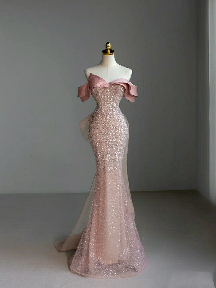 Pretty Sheath Off The Shoulder Pink Sequin Long Evening Dress Prom Dresses With Bow