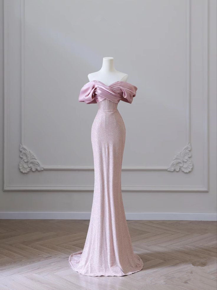 Pretty Sheath Off The Shoulder Pink Long Evening Dress Prom Dresses With Pleated