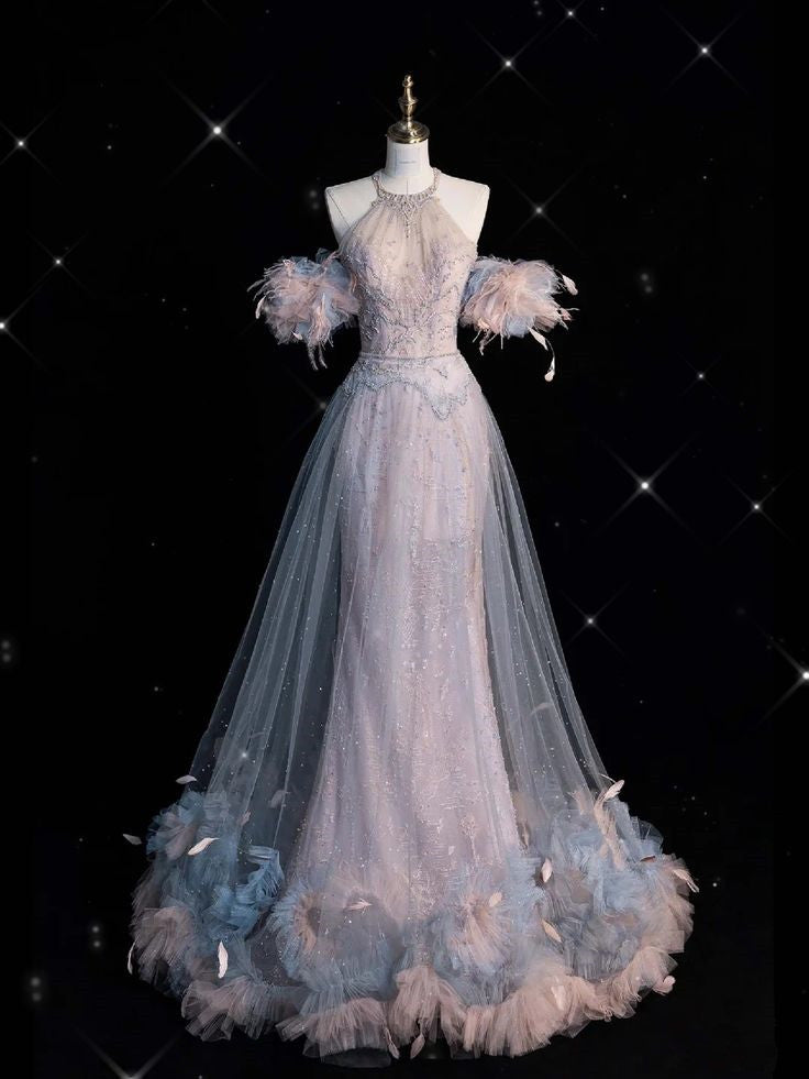 Pretty Mermaid High Neckline Short Sleeves Tulle Evening Dress Prom Dresses With Feather