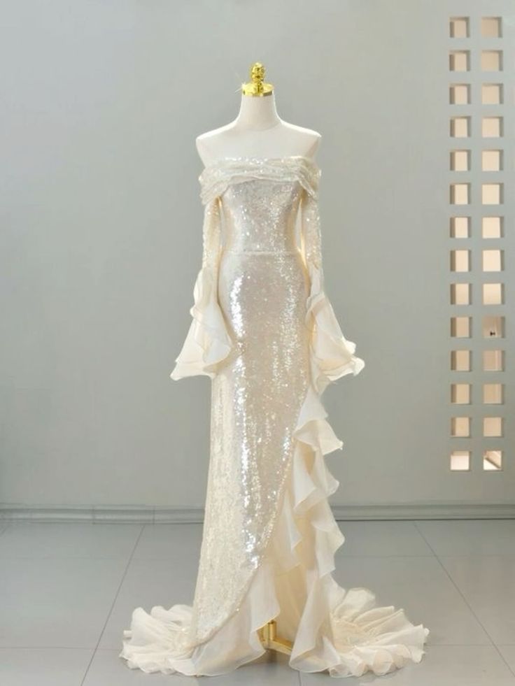 Pretty Mermaid Off The Shoulder Long Sleeves Sequin Evening Dress Prom Dresses With Ruffles