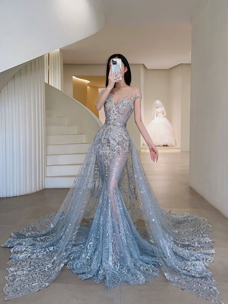 Pretty Mermaid Off The Shoulder Sequin Blue Long Evening Dress Lace Prom Dresses With Sleeves