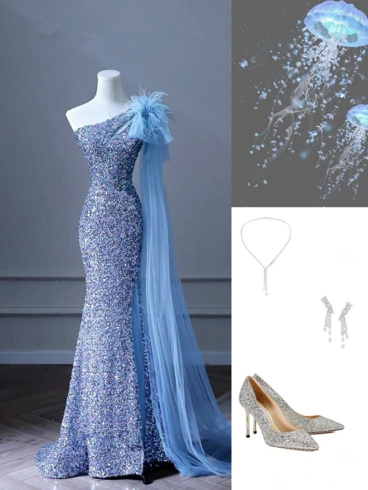 Pretty Mermaid One Shoulder Sequin Blue Slit Long Evening Dress Prom Dresses With Feather