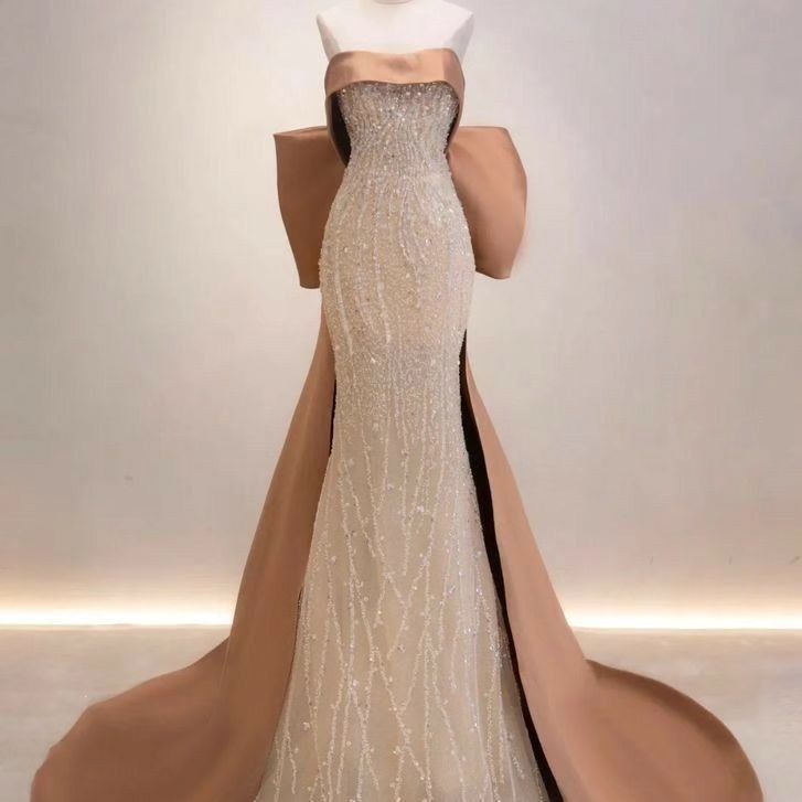 Pretty Mermaid Strapless Satin Long Evening Dress Sequin Prom Dresses With Bow