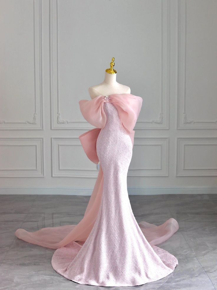 Pretty Mermaid Strapless Pink Sequin Long Evening Dress Prom Dresses With Bow