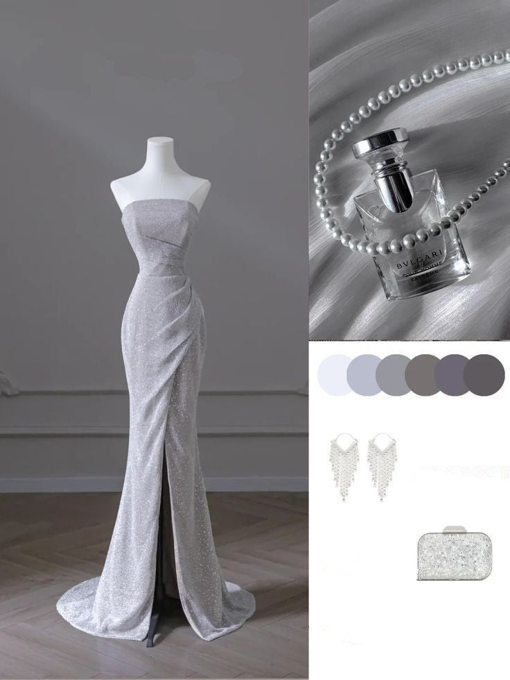 Sparkly Mermaid Strapless Sequin Long Slit Evening Dress Prom Dresses With Ruffles