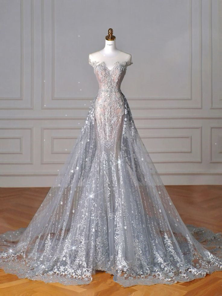 Chic Mermaid Off The Shoulder Sequin Lace Long Wedding Dresses With Train