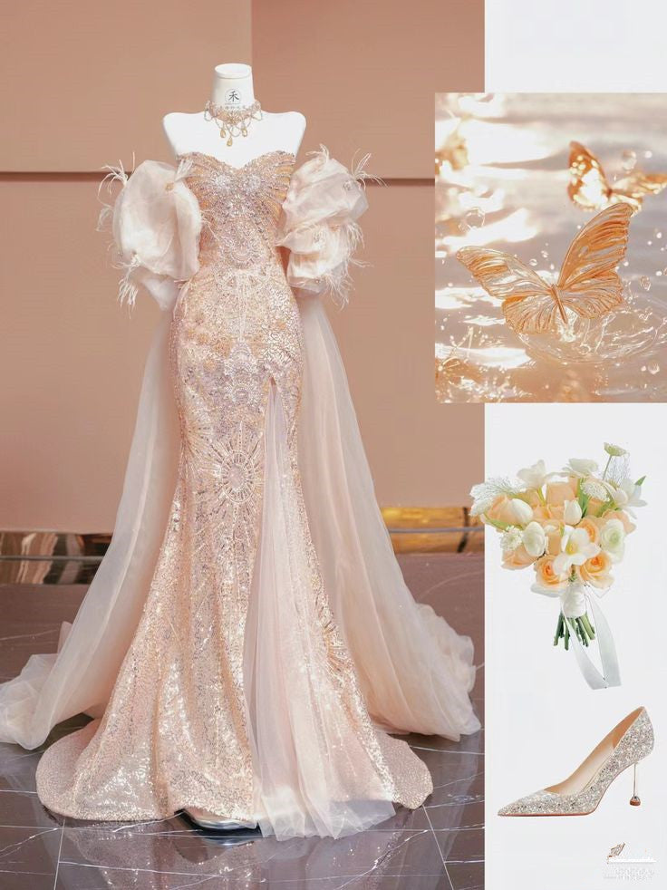 Pretty Mermaid Sweetheart Sequin Long Evening Dress Prom Dresses With Sleeves