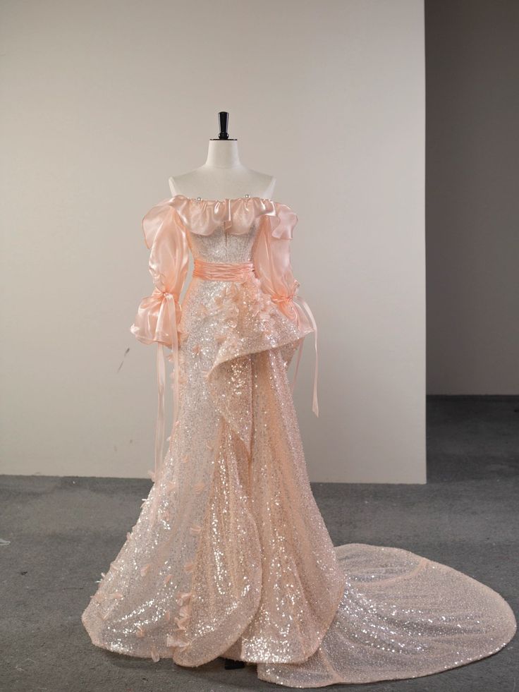 Pretty Mermaid Off The Shoulder Sequin Long Sleeves Evening Dress Pink Prom Dresses With Ruffles