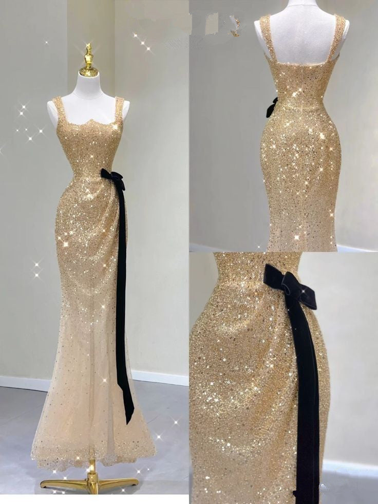 Pretty Mermaid Square Neckline Gold Sequin Long Evening Dress Prom Dresses