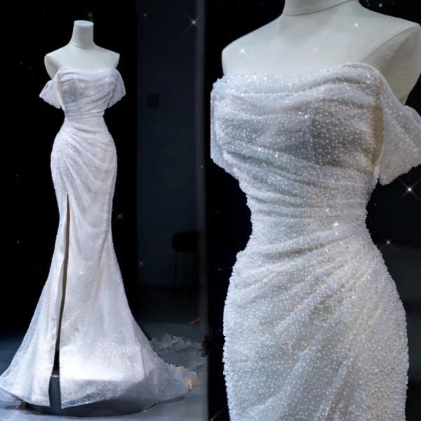 Chic Mermaid Off The Shoulder Sequin White Long Wedding Dresses With Slit