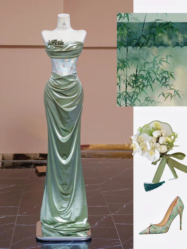 Pretty Mermaid Sweetheart Satin Green Long Evening Dress Prom Dresses