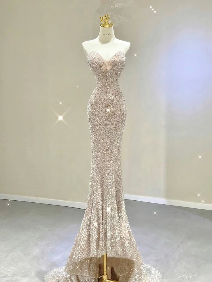 Pretty Mermaid Sweetheart Sequin Champagne Long Evening Dress Prom Dresses