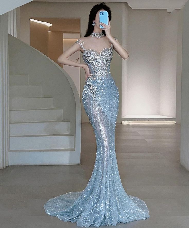Pretty Mermaid Sweetheart Sequin Blue Long Evening Dress Prom Dresses With Ruched Bodice