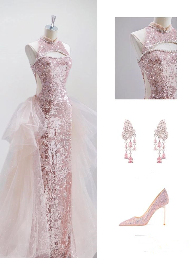 Elegant Mermaid High Neckline Sequin Pink Sleeveless Long Prom Dresses