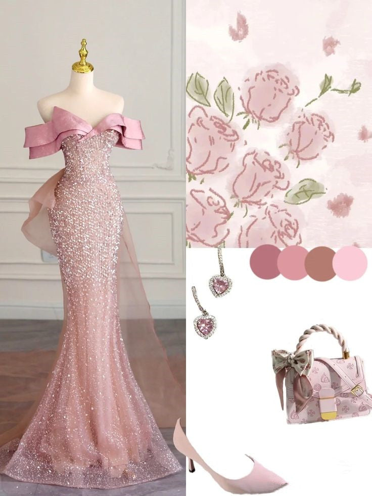 Elegant Mermaid Off The Shoulder Sequin Pink Short Sleeves Long Prom Dresses