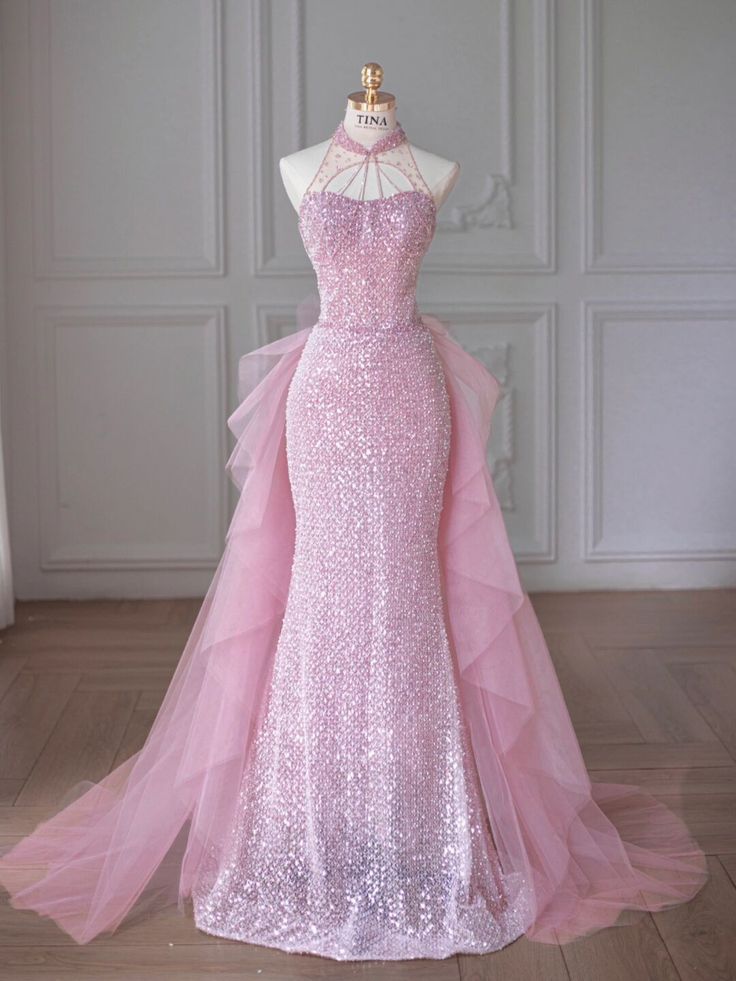Elegant Mermaid High Neckline Sequin Pink Sleeveless Long Prom Dresses