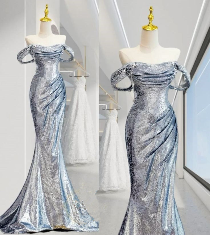 Elegant Mermaid Off The Shoulder Sequin Silver Evening Dress Long Prom Dresses