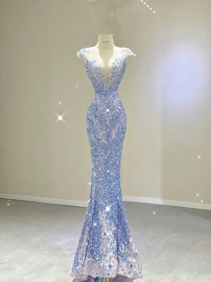 Elegant Mermaid Scoop Neckline Sequin Blue Evening Dress Long Prom Dresses