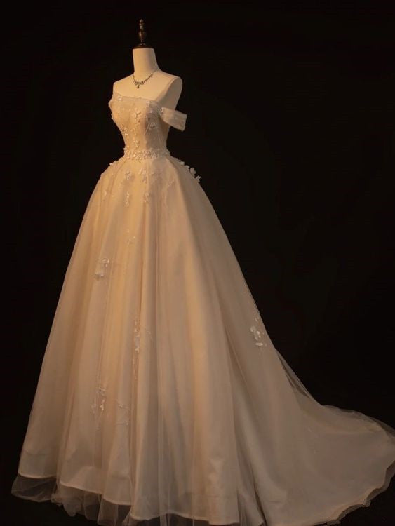 Elegant A-Line Off The Shoulder Champagne Tulle Long Prom Dress