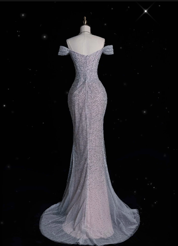 Elegant Mermaid Off The Shoulder Silver Sequin Evening Dress Long Prom Dresses