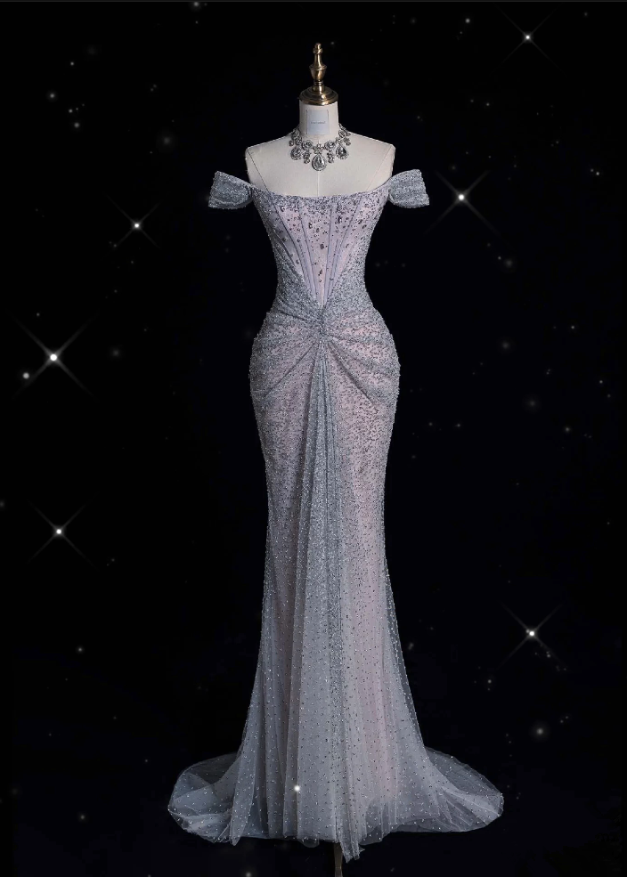 Elegant Mermaid Off The Shoulder Silver Sequin Evening Dress Long Prom Dresses