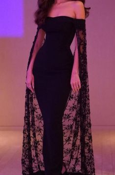 Elegant Mermaid Off The Shoulder Black Lace Long Prom Dresses Party Dress With Cape