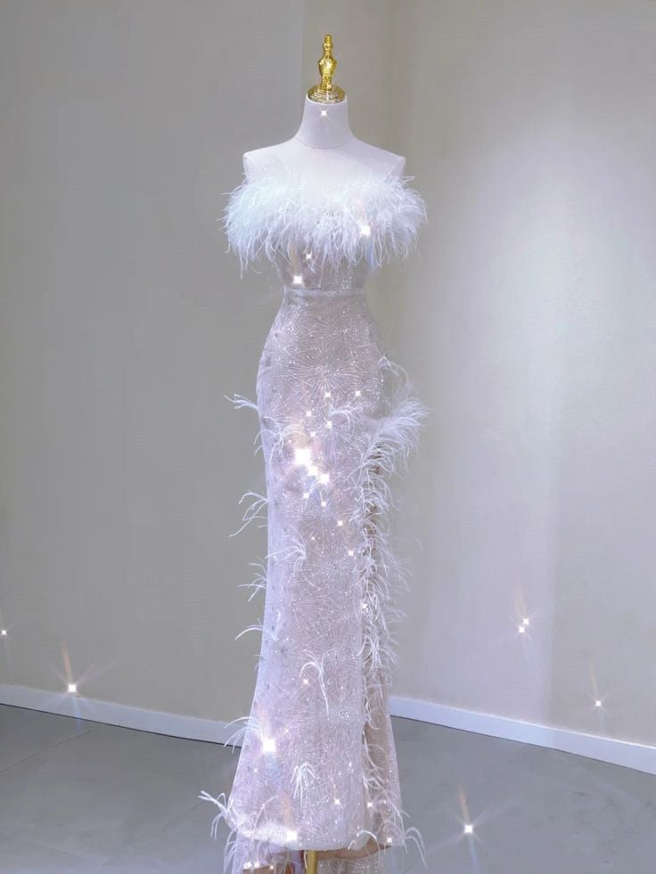 Chic Mermaid Strapless Sequin White Long Wedding Dresses With Feather