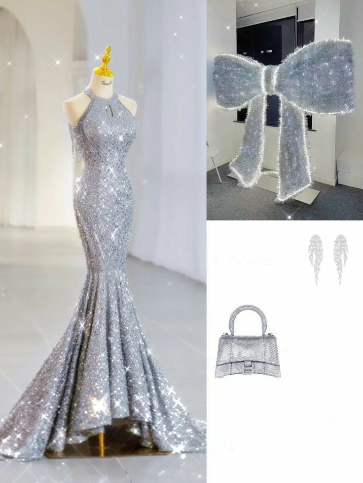 Elegant Mermaid High Neckline Silver Sequin Evening Dress Long Prom Dresses