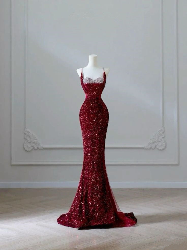 Elegant Mermaid Spaghetti Straps Burgundy Sequin Long Prom Dresses Party Dress With Beads