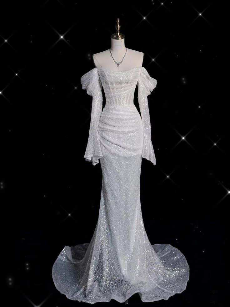 Vintage Mermaid Off The Shoulder Sequin Long Sleeves White Wedding Dresses With Ruffles