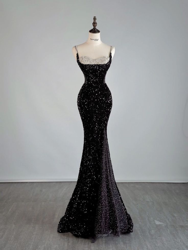 Elegant Mermaid Spaghetti Straps Black Sequin Long Prom Dresses Party Dress With Beads