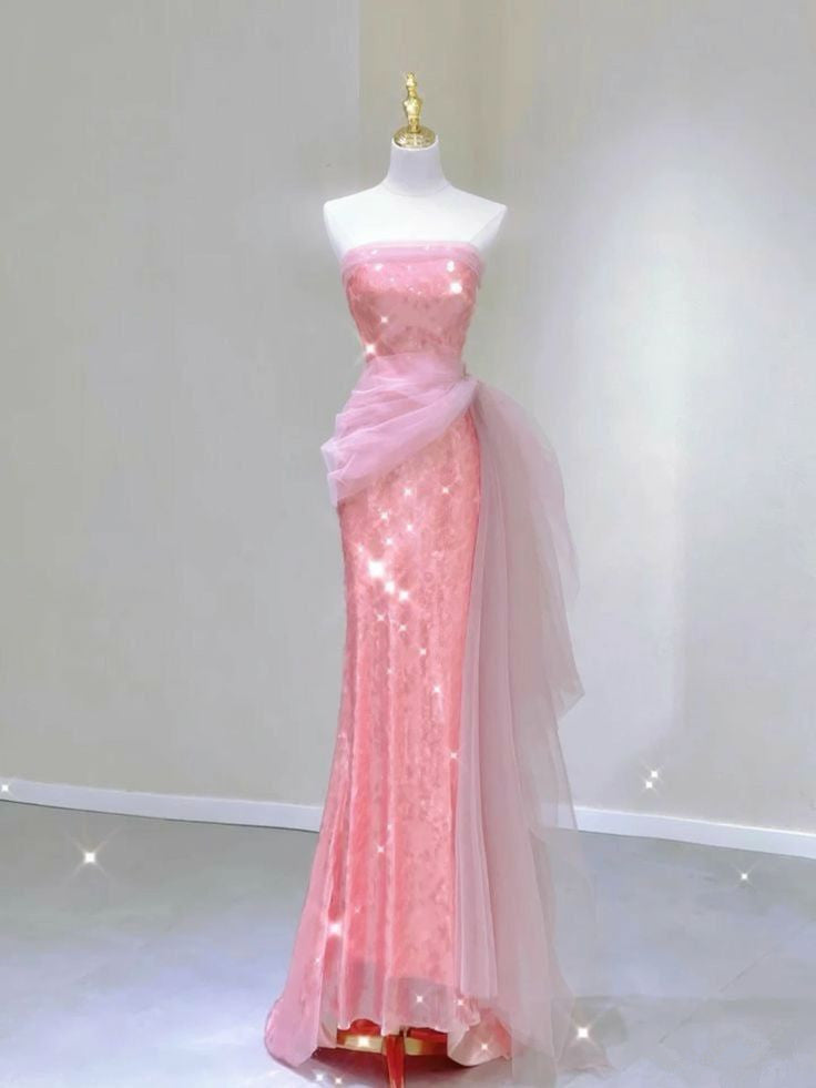 Elegant Mermaid Strapless Pink Tulle Long Prom Dresses Party Dresses