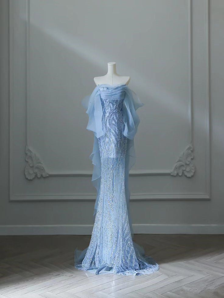 Elegant Mermaid Off The Shoulder Sequin Blue Evening Dress Long Slit Prom Dresses