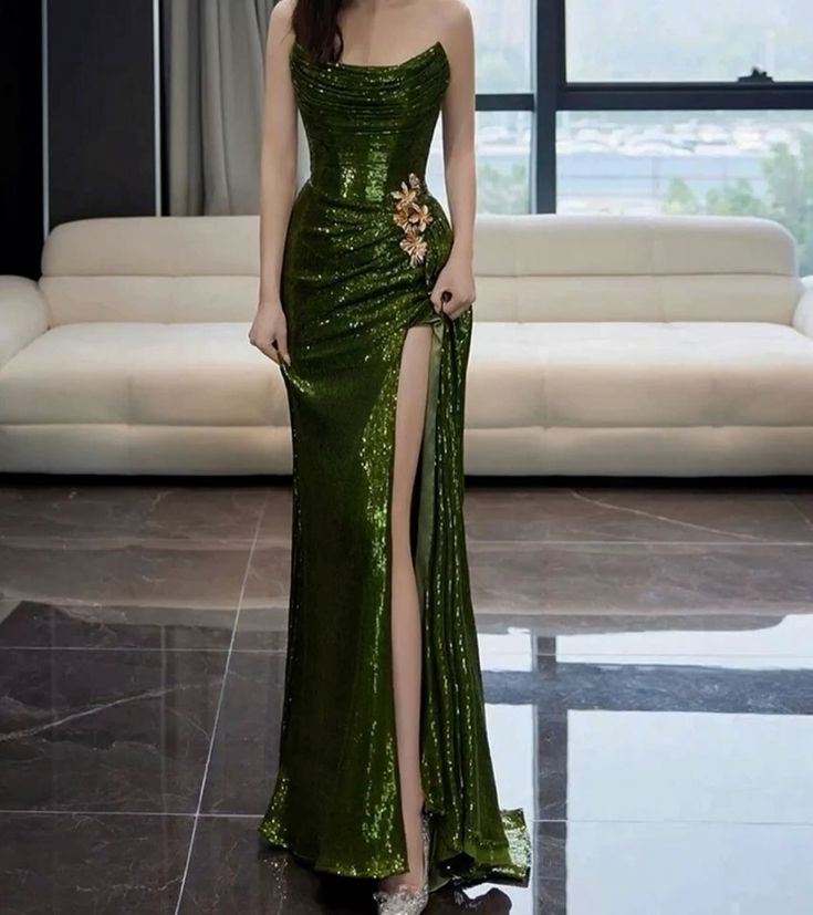 Elegant Mermaid Strapless Dark Green Sequin Slit Long Prom Dresses Party Dresses