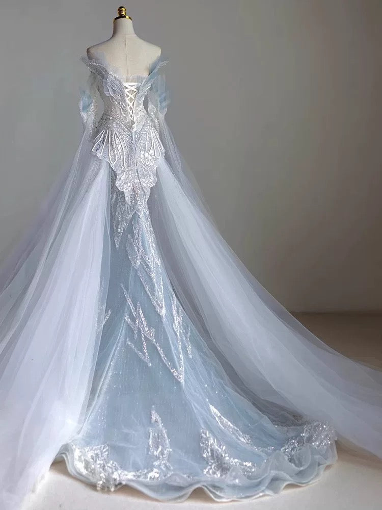 Elegant Mermaid Strapless Sequin Sky Blue Evening Dress Long Prom Dresses